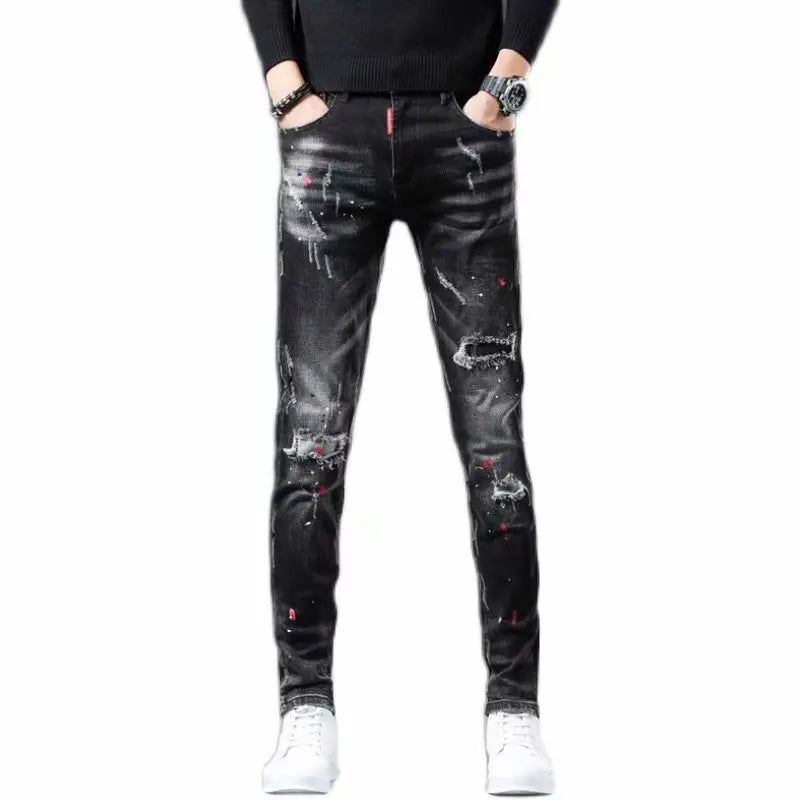 High Street 2022 Fashion Casual Ripped Jeans Men's Patch Teenagers Cowboy Paint Splash Ink Black Pencil Pants Skinny Jeans Men