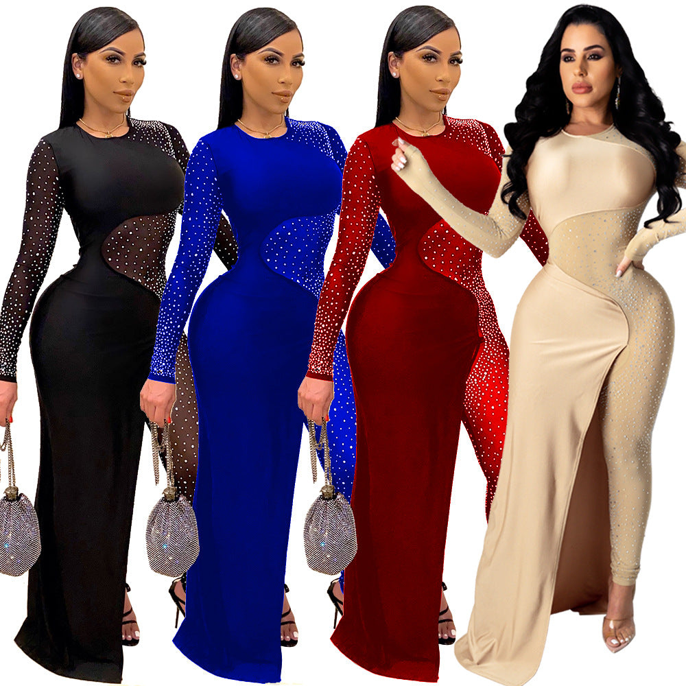 Net Rhinestone Loose Round Neck Siamese Split Skirt Women
