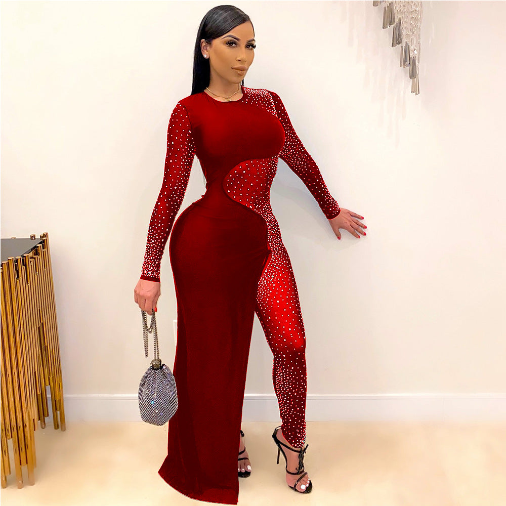 Net Rhinestone Loose Round Neck Siamese Split Skirt Women
