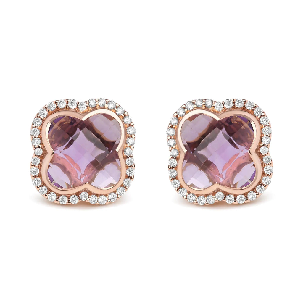 18K Rose Gold 3/8 Cttw Diamond and 11x11mm Clover-Cut Purple Amethyst Gemstone Clover Halo Stud Earrings (G-H Color, SI1-SI2 Clarity)