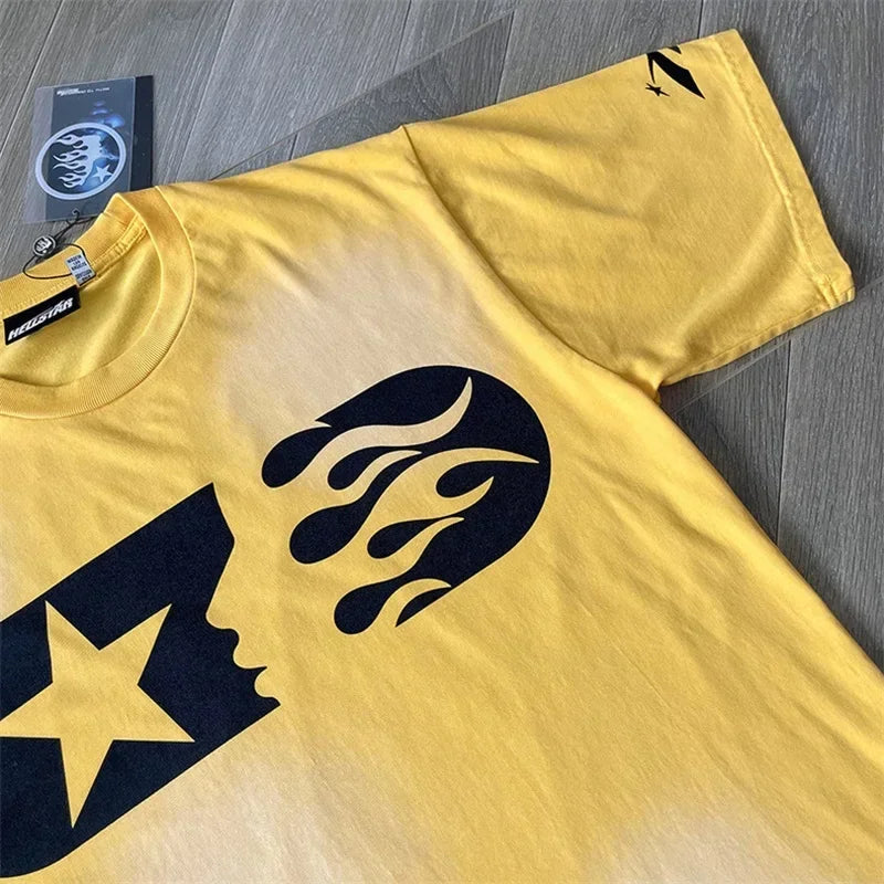 24ss HELLSTAR No Guys No Glory Maratho Tee Men Women 1:1 Best Quality Washed Pure Cotton Oversized Logo Print T Shirt