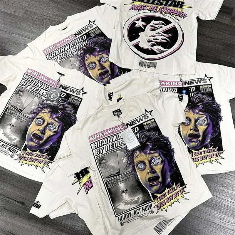 2024ss Oversized HELLSTAR Breaking News T Shirt Men Women Best Quality White Pure Cotton Tops Tees