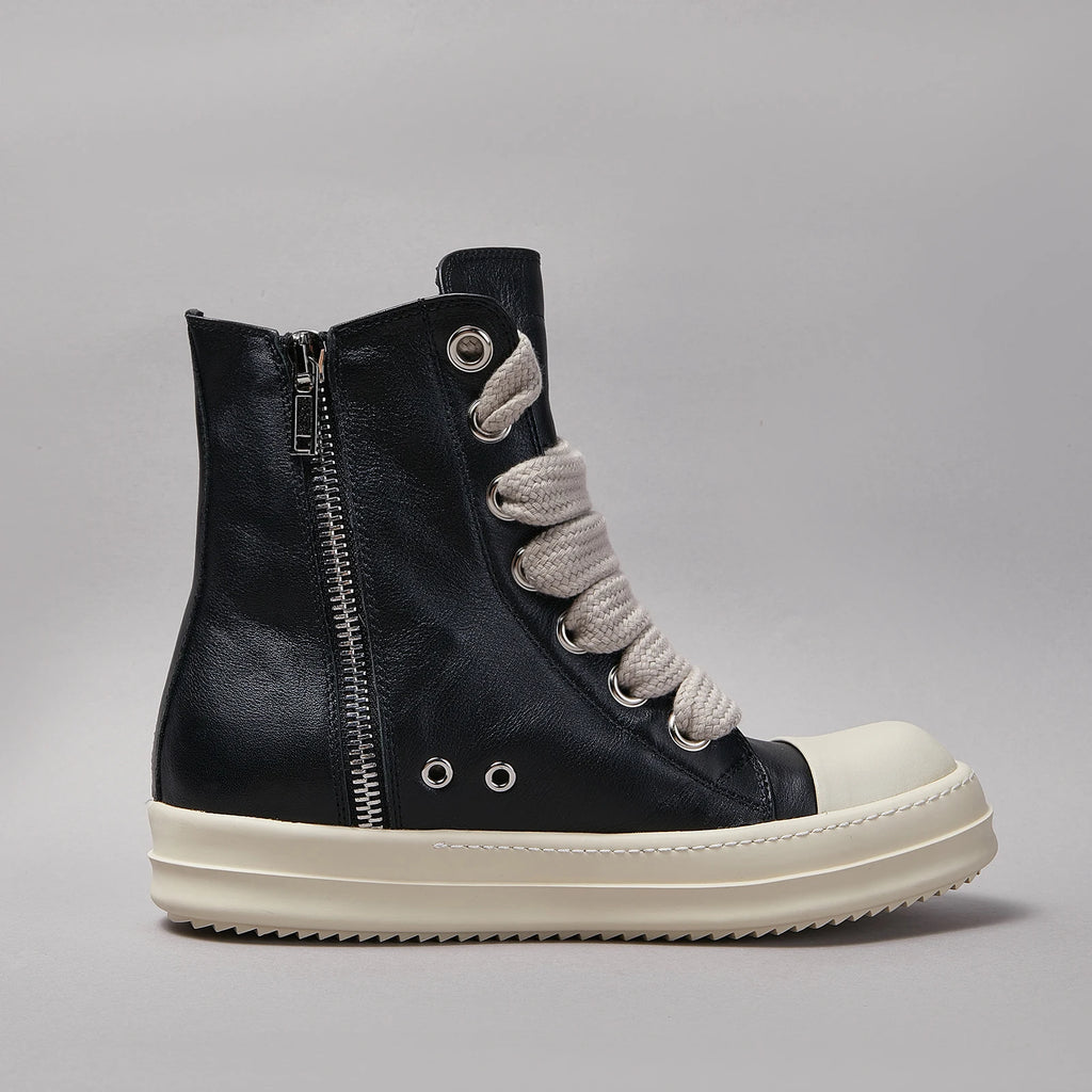 Ricks Men Shoe Casual High Top owens Women Sneaker Quality Black Designer Leather Zip Jumbo Laces Flat Thick-sole Ankle Boot