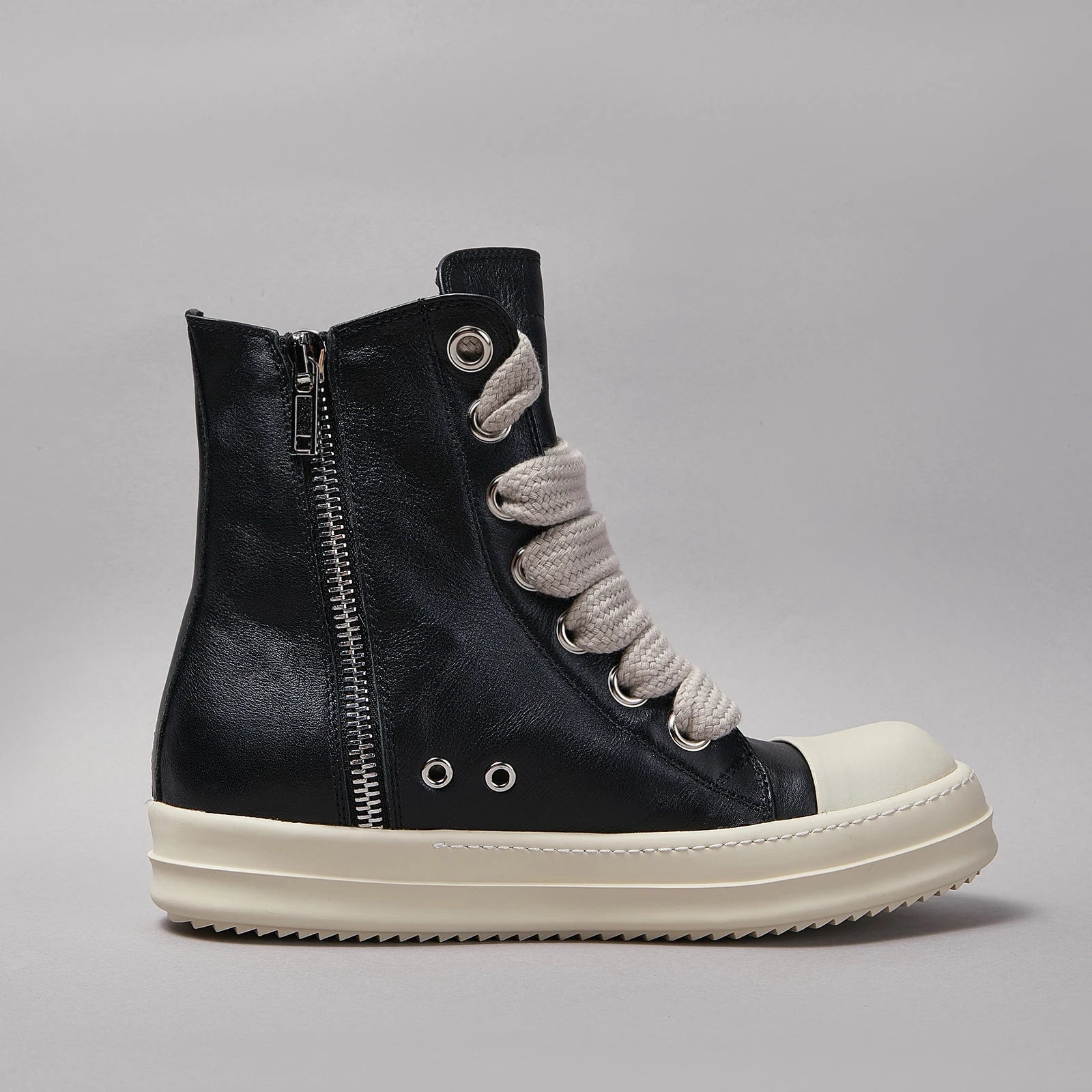 Ricks Men Shoe Casual High Top owens Women Sneaker Quality Black Designer Leather Zip Jumbo Laces Flat Thick-sole Ankle Boot