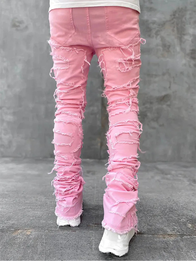 Men's Casual Distressed Jeans Tassels Patchwork Design Slim Fit Solid Color Stretch Denim Pants Straight Leg Streetwear Trousers