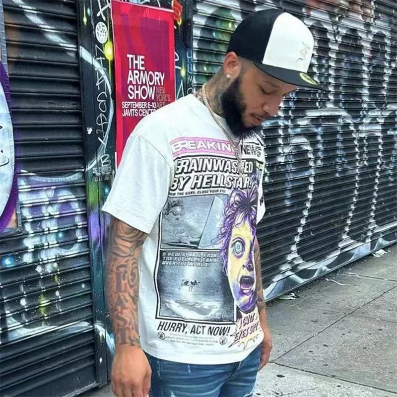 2024ss Oversized HELLSTAR Breaking News T Shirt Men Women Best Quality White Pure Cotton Tops Tees