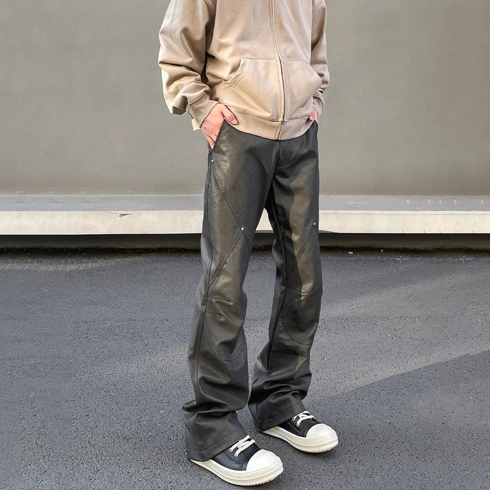 Leather Pants Men Streetwear Casual New Fashion Baggy Straight Leg Stacked Street Patchwork Original Y2k Flared Vintage Trousers
