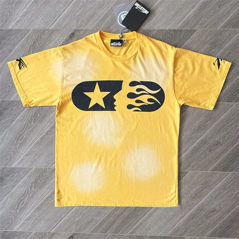 24ss HELLSTAR No Guys No Glory Maratho Tee Men Women 1:1 Best Quality Washed Pure Cotton Oversized Logo Print T Shirt