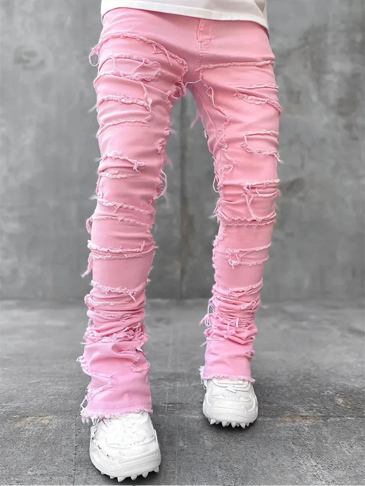 Men's Casual Distressed Jeans Tassels Patchwork Design Slim Fit Solid Color Stretch Denim Pants Straight Leg Streetwear Trousers