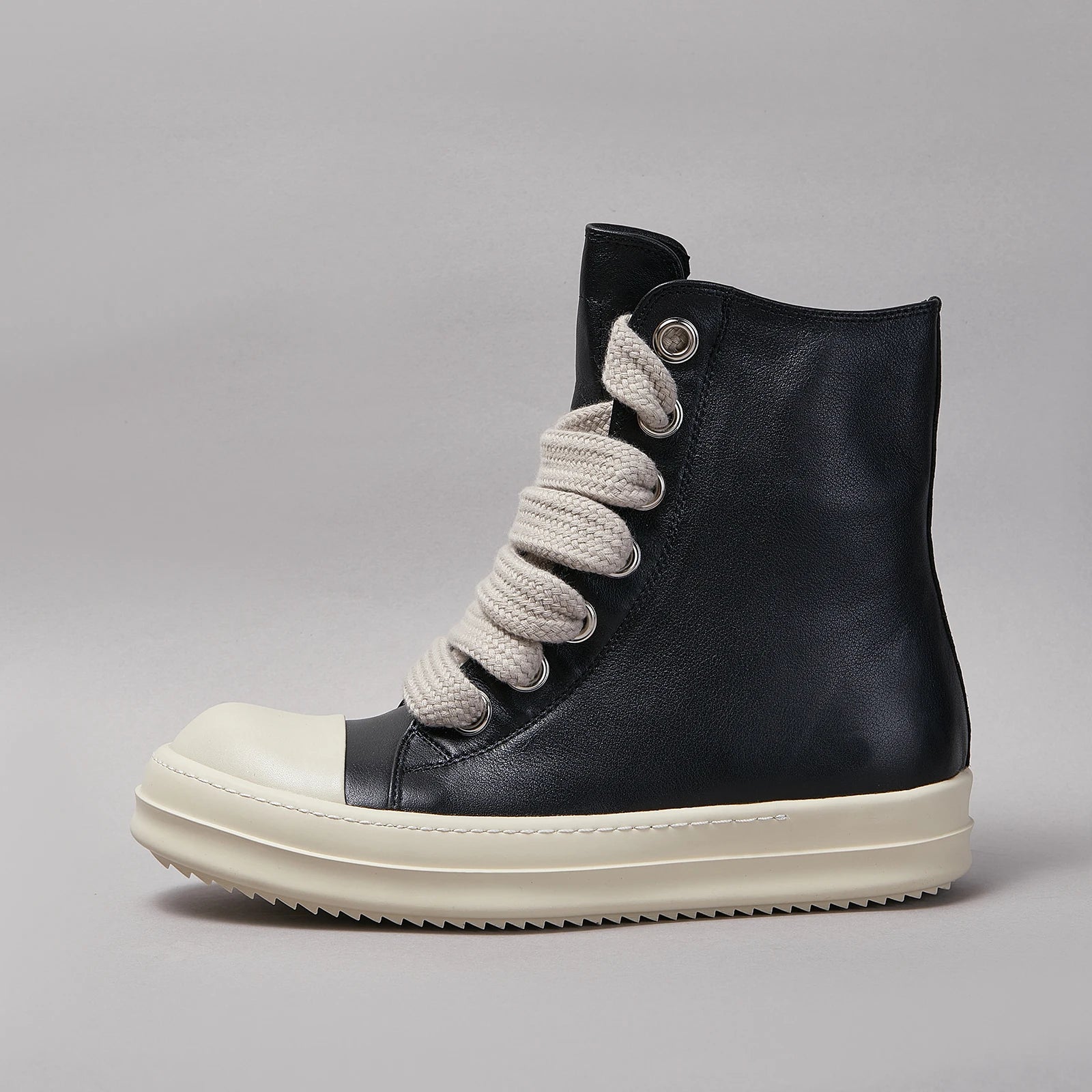 Ricks Men Shoe Casual High Top owens Women Sneaker Quality Black Designer Leather Zip Jumbo Laces Flat Thick-sole Ankle Boot
