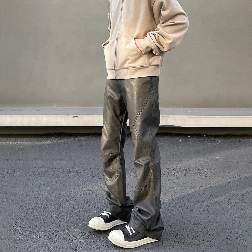 Leather Pants Men Streetwear Casual New Fashion Baggy Straight Leg Stacked Street Patchwork Original Y2k Flared Vintage Trousers