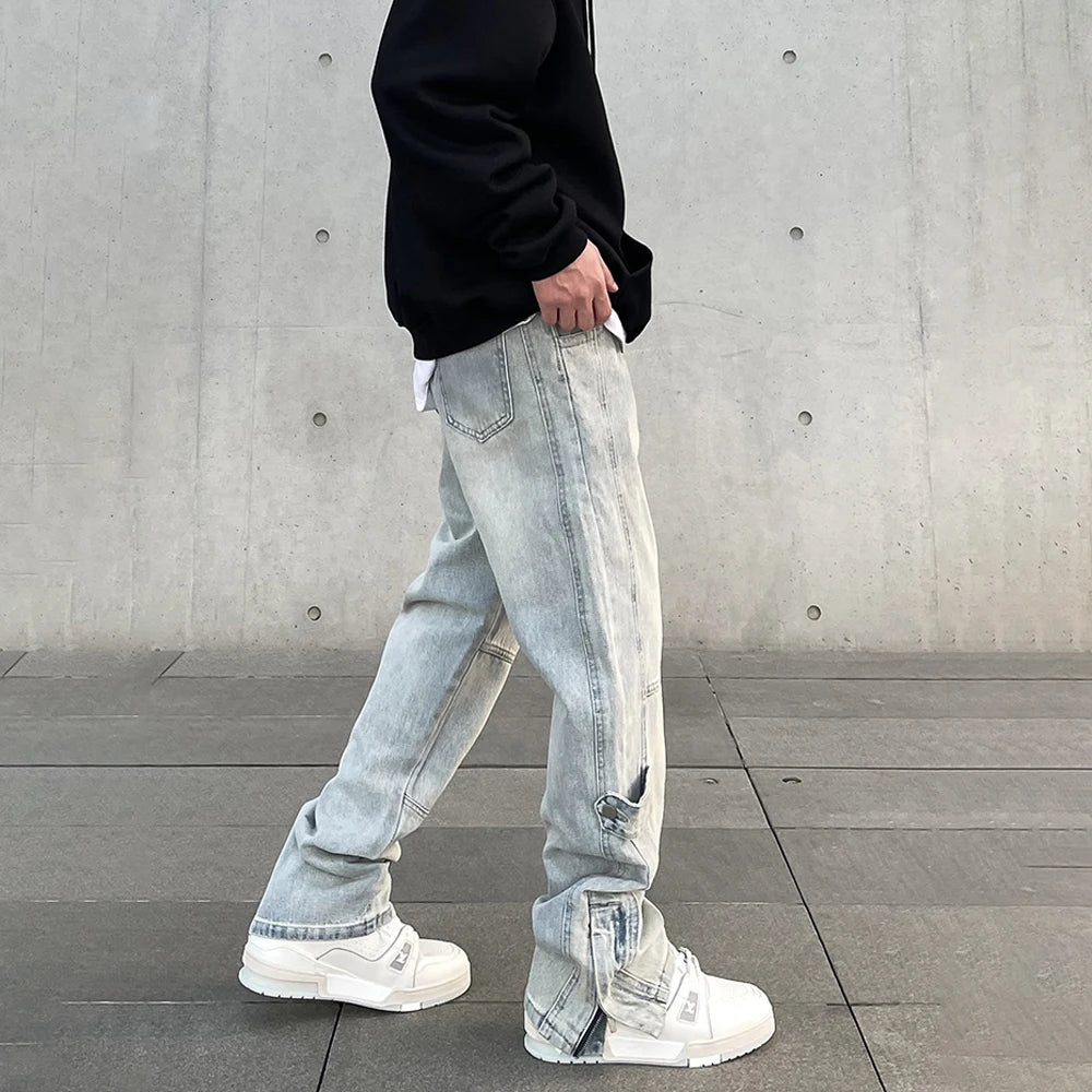 Streetwear Jeans Men Y2k Autumn Fashion Casual Zip Flared Trousers Slim Blue Vintage Winter Stacked Street Original Denim Pants