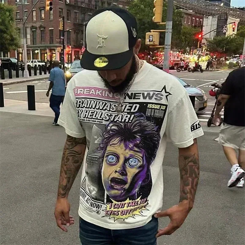 2024ss Oversized HELLSTAR Breaking News T Shirt Men Women Best Quality White Pure Cotton Tops Tees