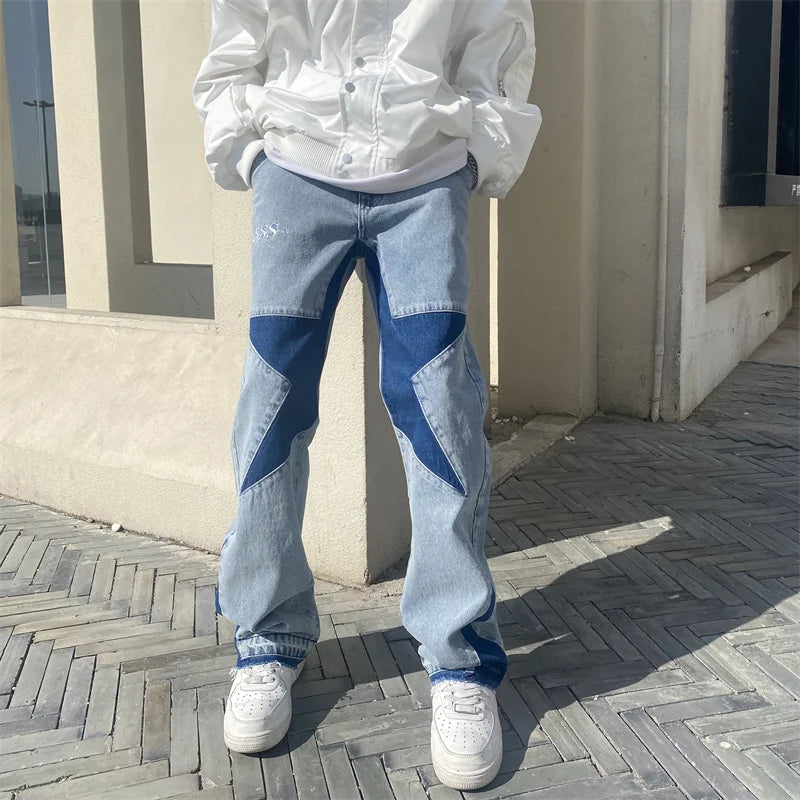 Streetwear Pants Jeans Hip Hop Y2k Man Baggy Cargo Casual Woman Stacked Men Free Shipping Slim Flare Star Blue Men's Clothing