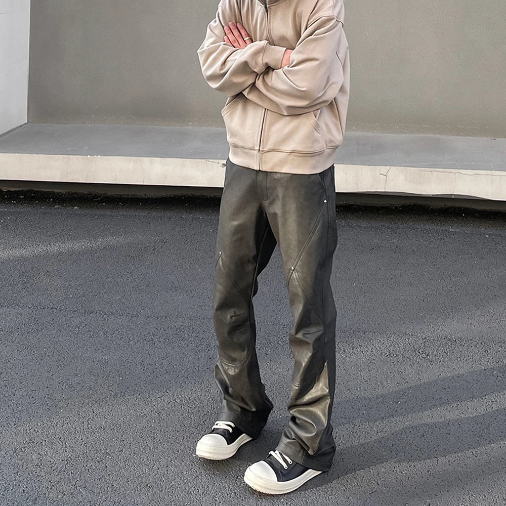 Leather Pants Men Streetwear Casual New Fashion Baggy Straight Leg Stacked Street Patchwork Original Y2k Flared Vintage Trousers
