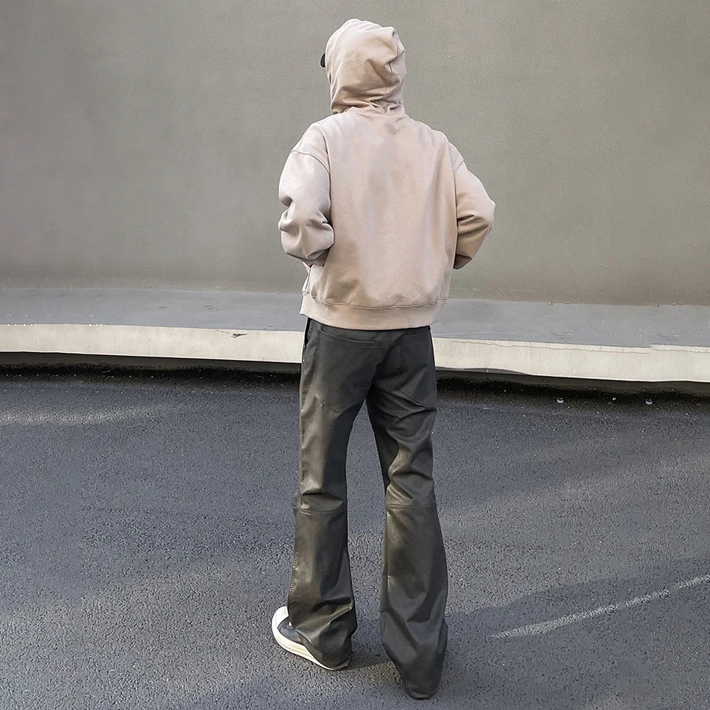 Leather Pants Men Streetwear Casual New Fashion Baggy Straight Leg Stacked Street Patchwork Original Y2k Flared Vintage Trousers