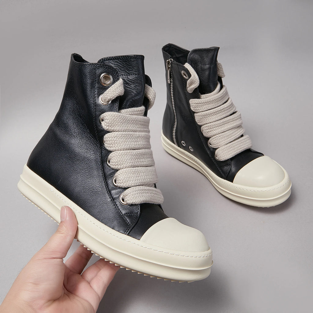Ricks Men Shoe Casual High Top owens Women Sneaker Quality Black Designer Leather Zip Jumbo Laces Flat Thick-sole Ankle Boot