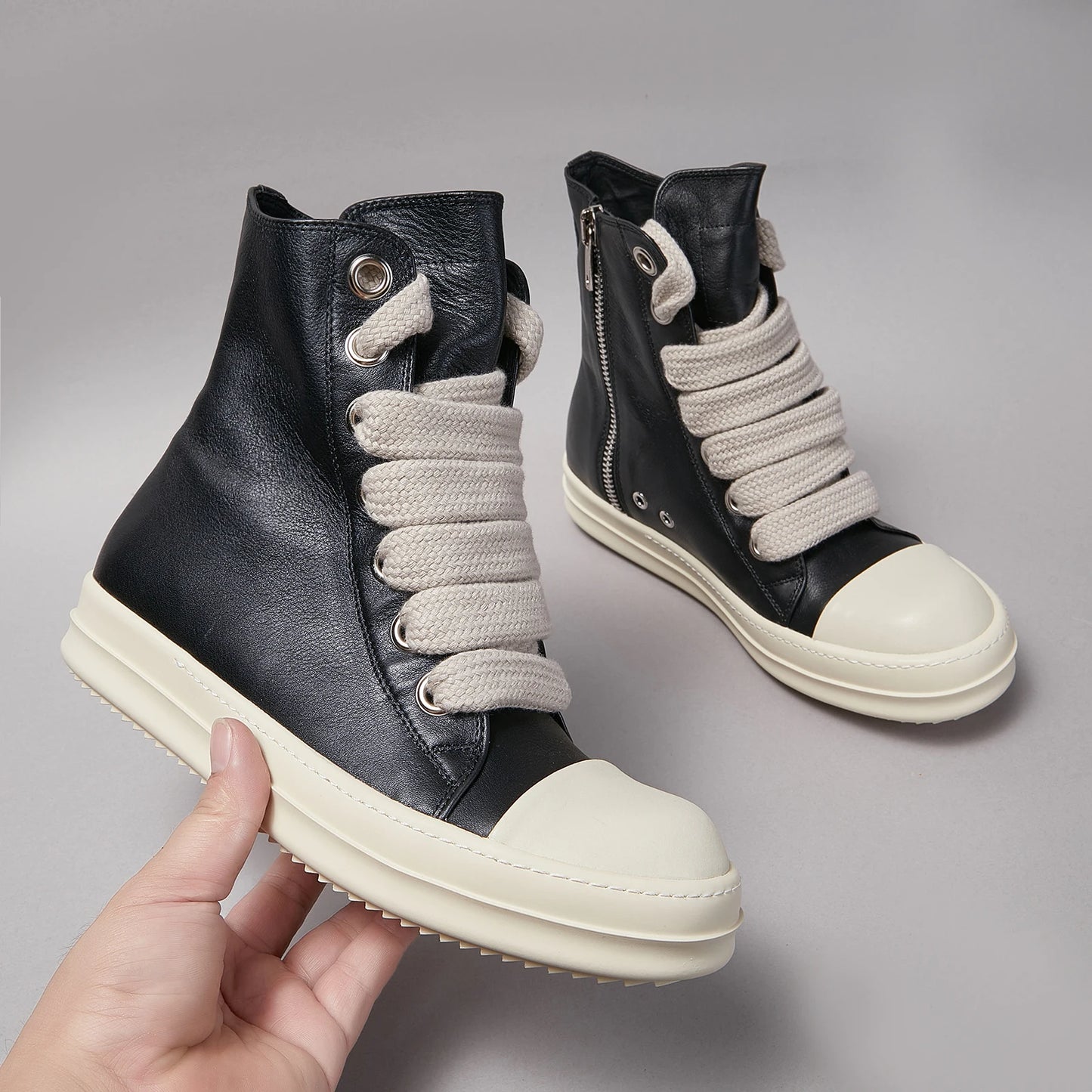 Ricks Men Shoe Casual High Top owens Women Sneaker Quality Black Designer Leather Zip Jumbo Laces Flat Thick-sole Ankle Boot