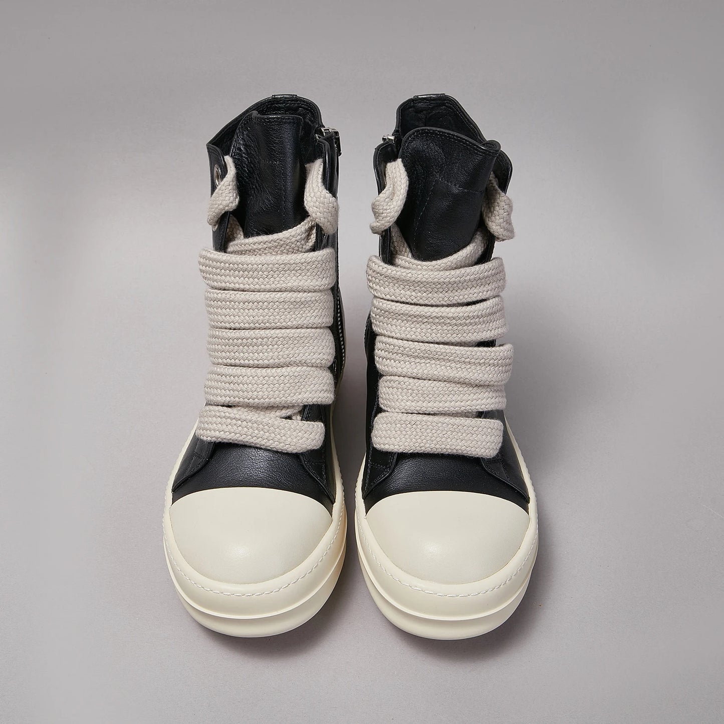 Ricks Men Shoe Casual High Top owens Women Sneaker Quality Black Designer Leather Zip Jumbo Laces Flat Thick-sole Ankle Boot