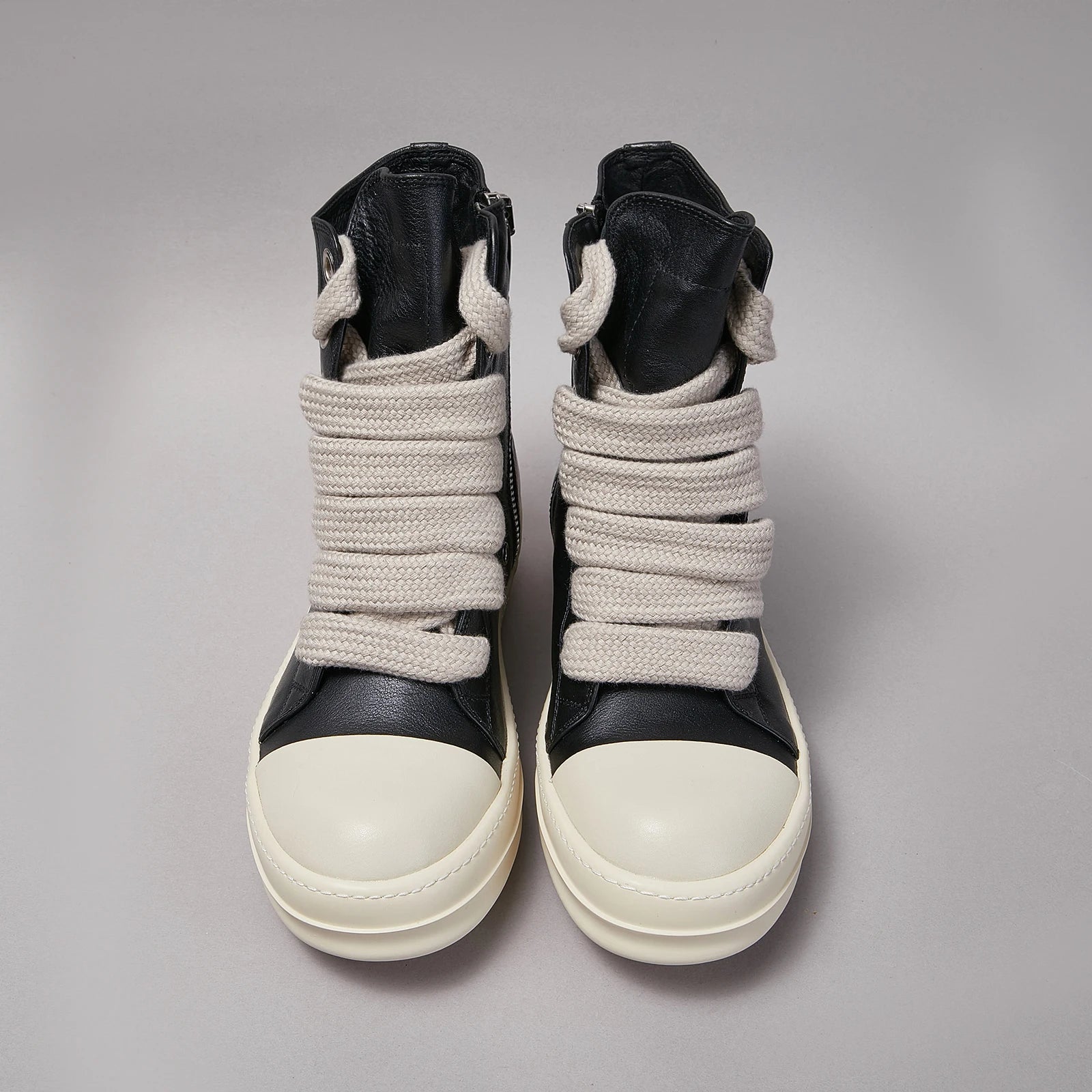 Ricks Men Shoe Casual High Top owens Women Sneaker Quality Black Designer Leather Zip Jumbo Laces Flat Thick-sole Ankle Boot