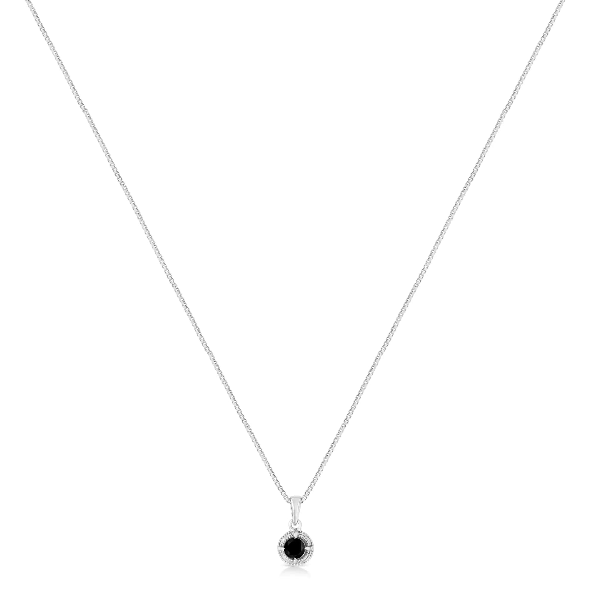 .925 Sterling Silver Treated Color Diamond Solitaire 18" Milgrain Pendant Necklace