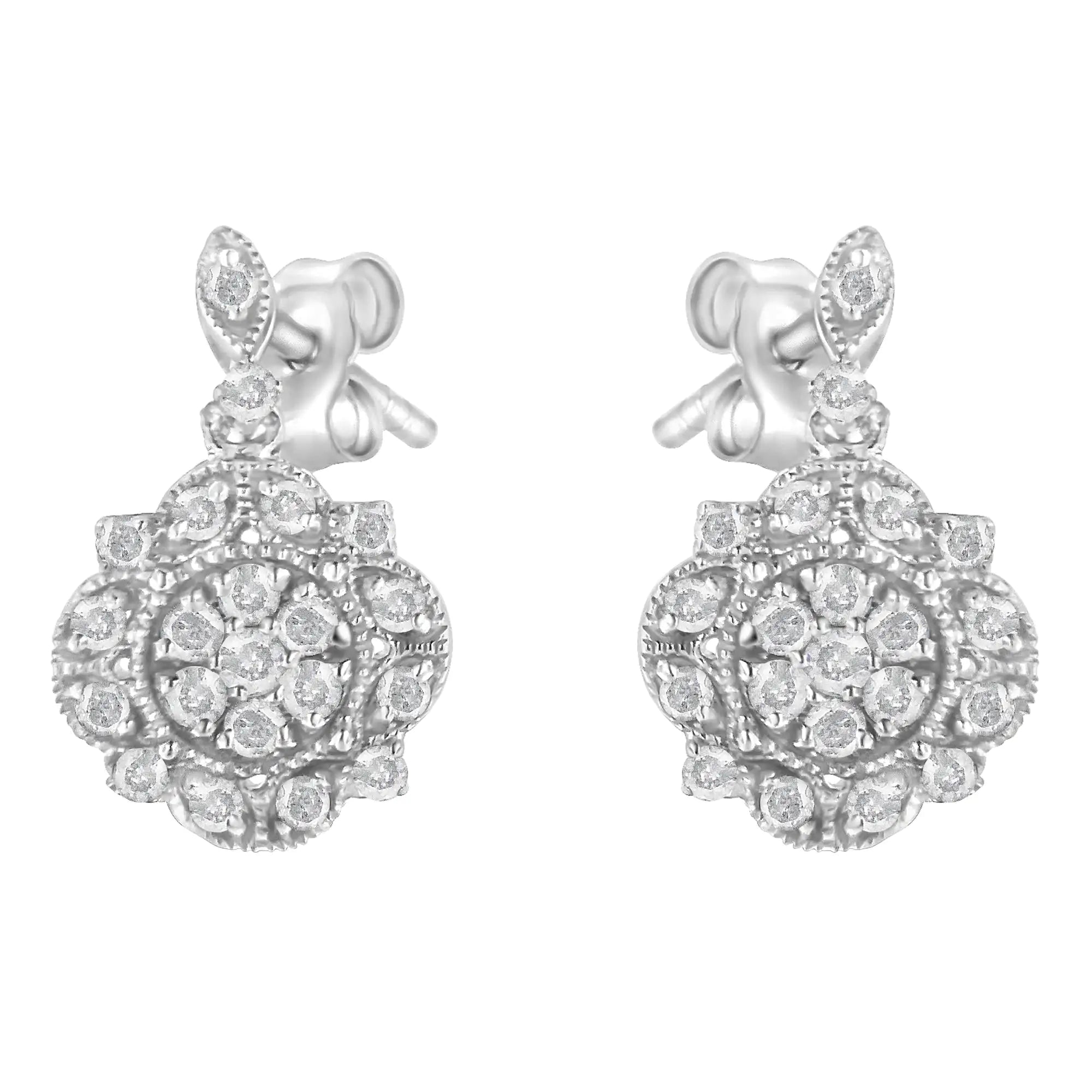 .925 Sterling Silver 1/2 Cttw Diamond Dangle Miligrain Earring (I-J Color, I2-I3 Clarity)