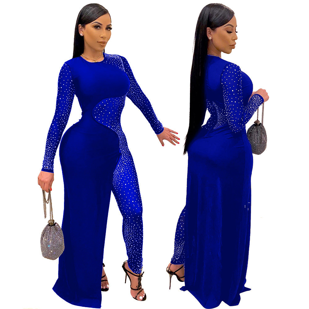 Net Rhinestone Loose Round Neck Siamese Split Skirt Women